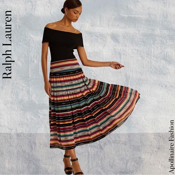 RALPH LAUREN GEORGETTE CRINKLE CUT STRIPPED MAXI SKIRT NWT SIZE 10 - Picture 1 of 6